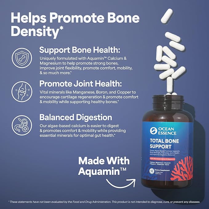 3 Pack OCEAN ESSENCE Total Bone Support - Plant-Based Algae Calcium Supplement for Supporting Bone Density & Strength - For Men & Women 35+ - 120 Natural Calcium Capsules - Vitamins for Optimal Health
