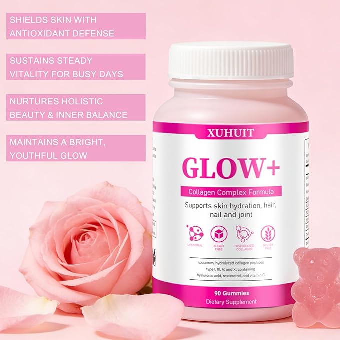 Glow Collagen Gummies with Hyaluronic Acid & Resveratrol | Gentle Support for Skin, Hair & Nail Care | Non-GMO | 90 Count (1)
