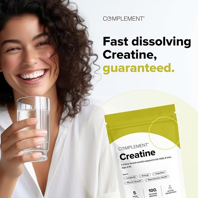 Complement Creatine Monohydrate Micronized Powder - Pre-Workout, Post-Workout, Muscle Recovery, Brain Health, Longevity, Energy Supplements for Women and Men - Vegan, Unflavored (5g, 60 Servings)