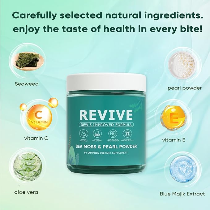 Revive Hair Gummies, Balmbare Revive Gummies for Hair, Promotes Thicker, Fuller, Stronger Hair, with Organic Irish Sea Moss, Pearl Powder Glow, Vitamin C/E, Aloe Vera, 60 Count (2)