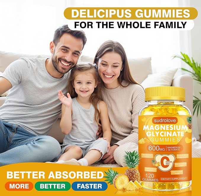 Magnesium Glycinate Gummies 600mg – Sugar Free Magnesium & Potassium Dietary Supplement with Vitamin D, B6 and CoQ10 for Calm Support & Sleep for Adults - High Absorption -Pineapple Gummies
