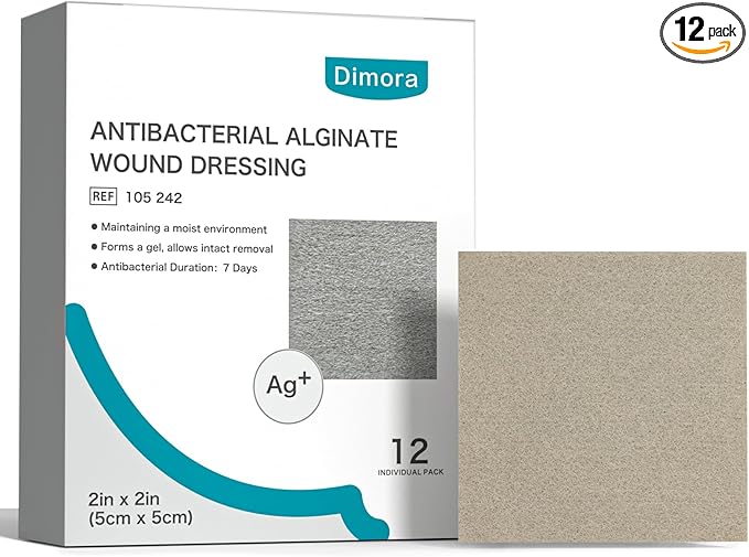 Dimora Upgrade Silver Calcium Alginate Wound Dressing -Antibacterial Non Stick Gauze for Wounds Care, Highly Absorbent Sterile Bandage Pads with Ag, 2'' x 2'' Patches 12 Packs Individual