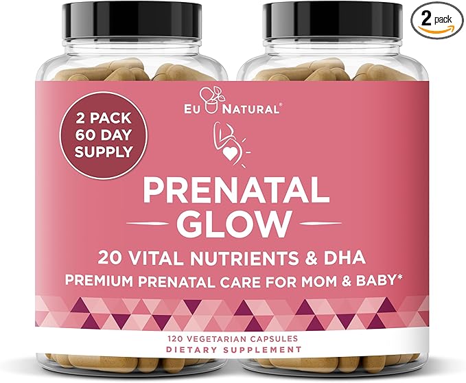 Eu Natural Glow Prenatal Vitamins for Women - 20-in-1 Prenatal Multivitamin with Folate & Vegan DHA - Supports Healthy Pregnancy, Fetal Development & Mom’s Comfort - 120 Vegetarian Capsules