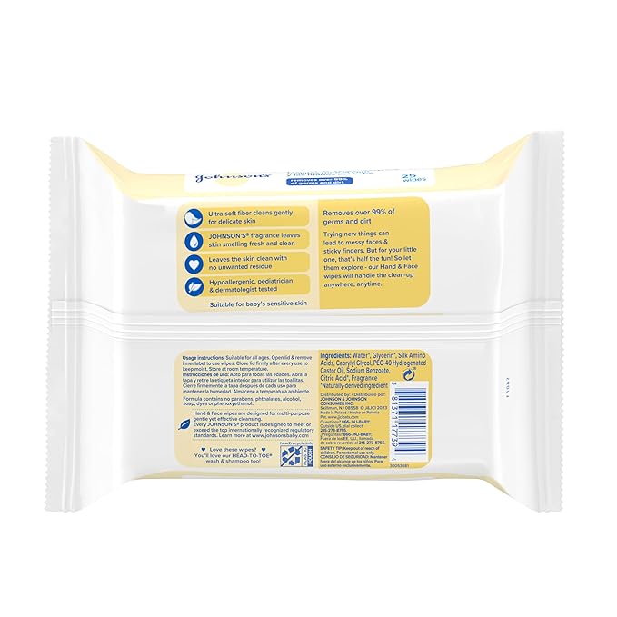 Johnson's Baby Disposable Hand & Face Cleansing Wipes, Pre-Moistened Wipes Gently Remove 99% of Germs & Dirt from Delicate Skin, Paraben-, Phthalate- & Alcohol-Free, Hypoallergenic, 25 Count