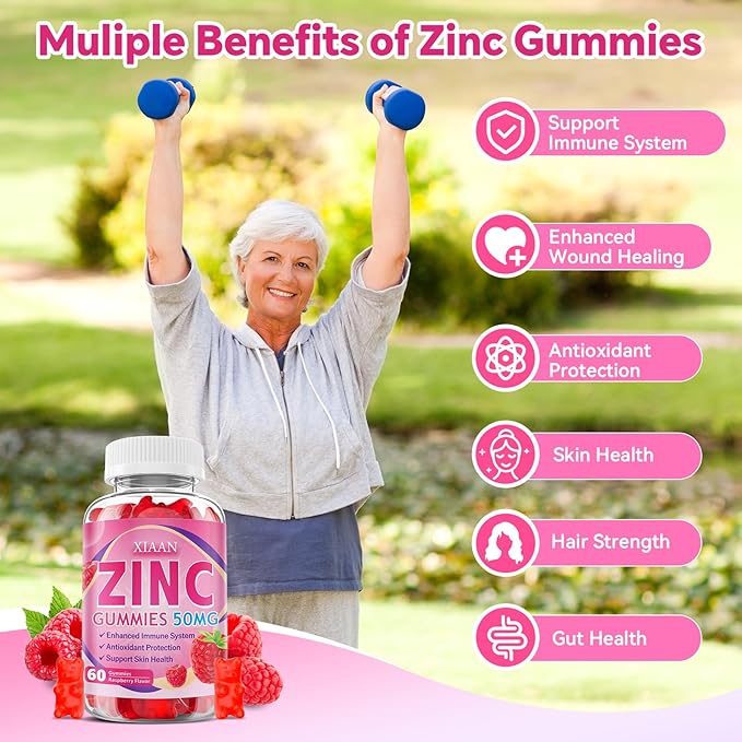 Zinc Picolinate Gummies 50mg for Kids & Adults, Chewable Zinc Supplements for Women & Men Supports Immune System & Cellular Health & Antioxidant, Vegan/Sugar-Free, Raspberry Flavor 60 Count