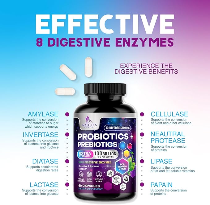 Probiotics 100 Billion CFU Per Serving - 10 Probiotic Strains & Prebiotics - Digestive Gut Health, Immune Support & Occasional Constipation, Gas & Bloating - Daily Supplement For Adults - 60 Capsules