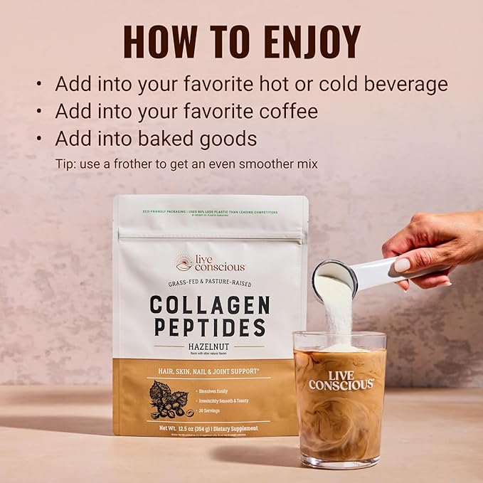 Live Conscious Collagen Peptides Powder - Hazelnut Collagen Powder - Hair, Skin, Nail, & Joint Support - Type I & III Grass-Fed Collagen Supplements for Women and Men - 30 Servings (2-Pack) - 12.4oz