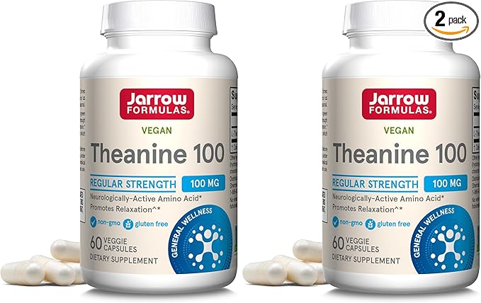 Jarrow Formulas® Regular Strength Theanine 100 mg,Dietary Supplement,60 Capsules,60 Day Supply,(Pack of 2)