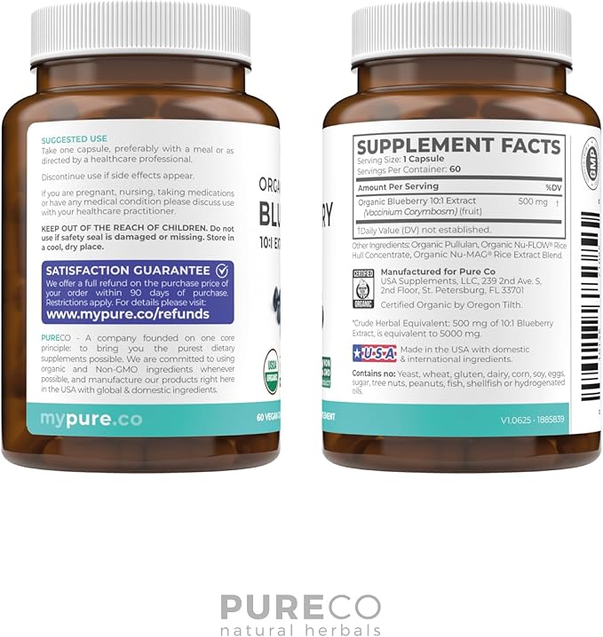 USDA Organic Blueberry Extract Capsules - High Potency Organic Blueberry 500mg 10:1 Extract Per 1 Capsule Serving - Blueberry Supplement for Brain & Immune Support - Vegan Non-GMO (2 Month Supply)