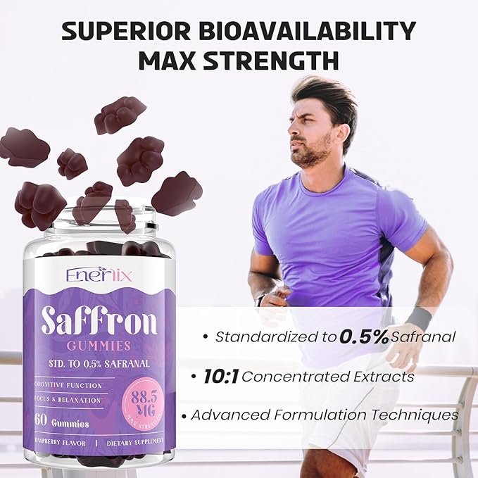 Saffron Gummies 88.5 mg with Magnesium, Max Strength Saffron Supplements with St. John’s Wort, GABA, Rhodiola, Rosemary & Passion Flower Extracts for Mood, Focus - 120 Servings