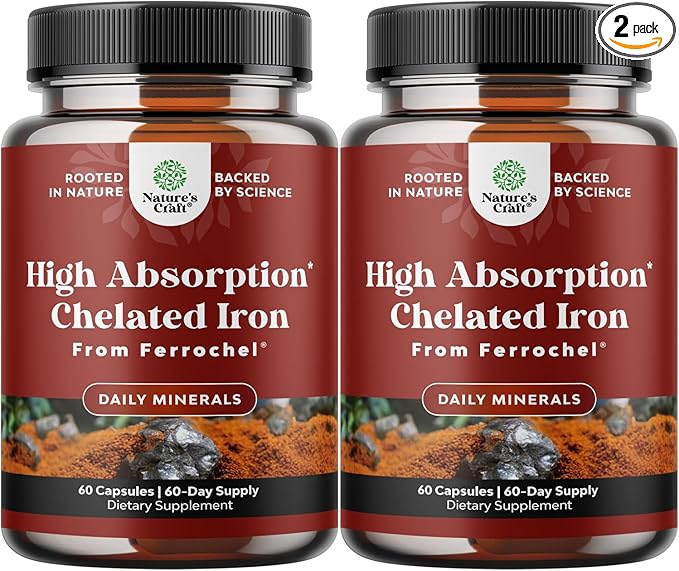 Slow Release Iron Supplement for Women & Men - Supports Health - Blood Support Iron Bisglycinate with Vitamin C - Gentle Energy & Immune Support - High Absorption Ferrous Bisglycinate - 60 Ct - 2pk