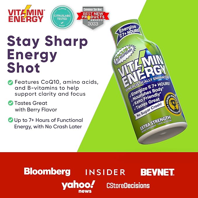 Vitamin Energy Focus+ Extra Strength Energy Shot Blue Raspberry 8 Pack, 260mg Natural Caffeine, B-Vitamins, CoQ10, Amino Acids, Focus, Productivity & Clarity, Zero Sugar, Gluten-Free, 1.93 fl oz
