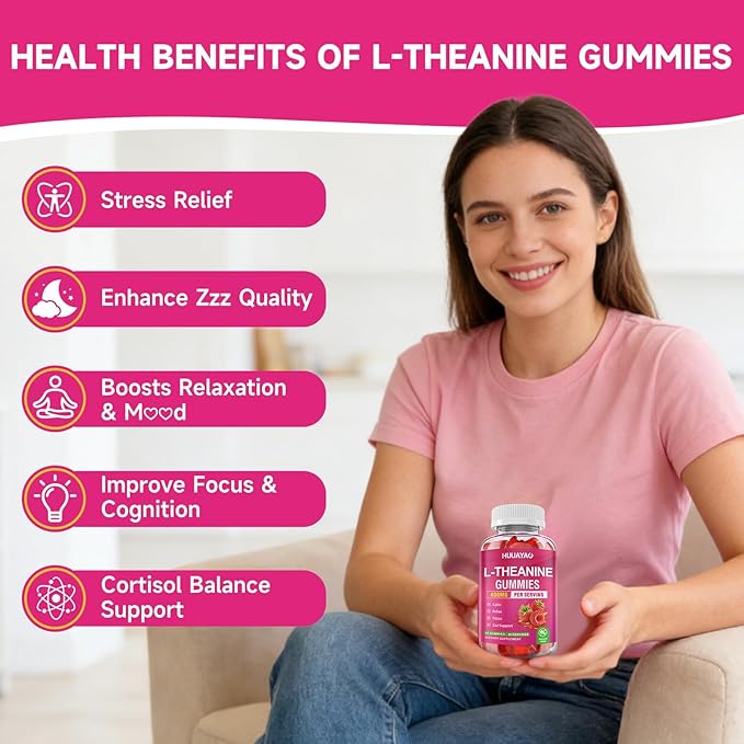 L-Theanine Gummies 400mg, L-Theanine Supplement for Kids & Adults with Ashwagandha, GABA, 5HTP for Calm, Zzz & Relaxation Support, Raspberry Flavor, 120 Counts