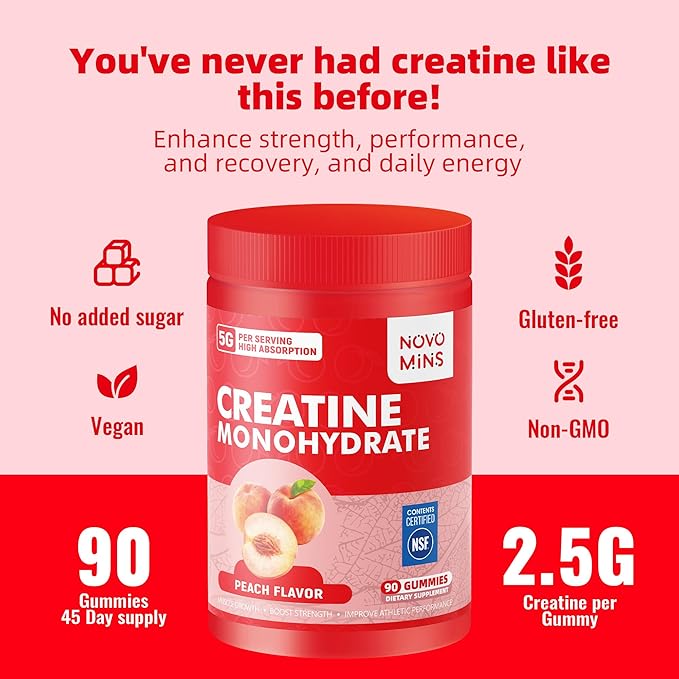 novomins Creatine Monohydrate Gummies for Men & Women, Chewables Creatine Monohydrate for Muscle Strength, Muscle Builder, Energy Boost, Pre-Workout Supplement-90 Peach