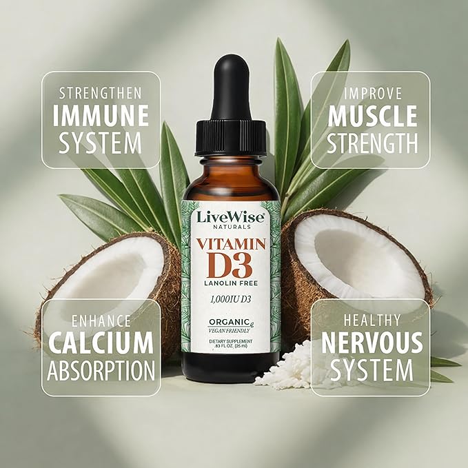 Live Wise Naturals Vitamin D3 1000 IU, 25 MCG Drops - 150 Servings, Ultra Concentrated Formulation, Fast Absorption, Vegan, Organic MCT Oil Formula - Micro-Dosing Dropper for Bone & Immune Support