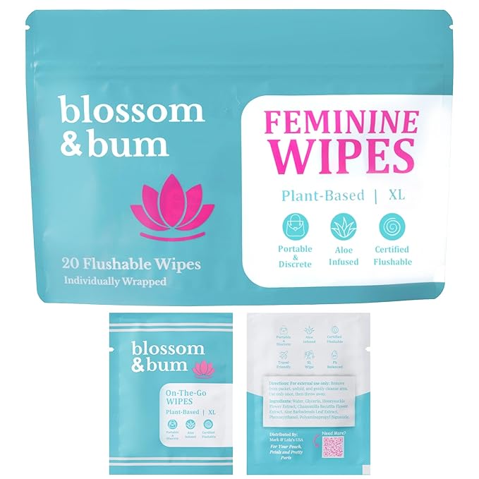 Blossom & Bum Feminine Wipes, Flushable, Plant-Based with Aloe & Vitamin E, 20 Count, Hypoallergenic, Flushable