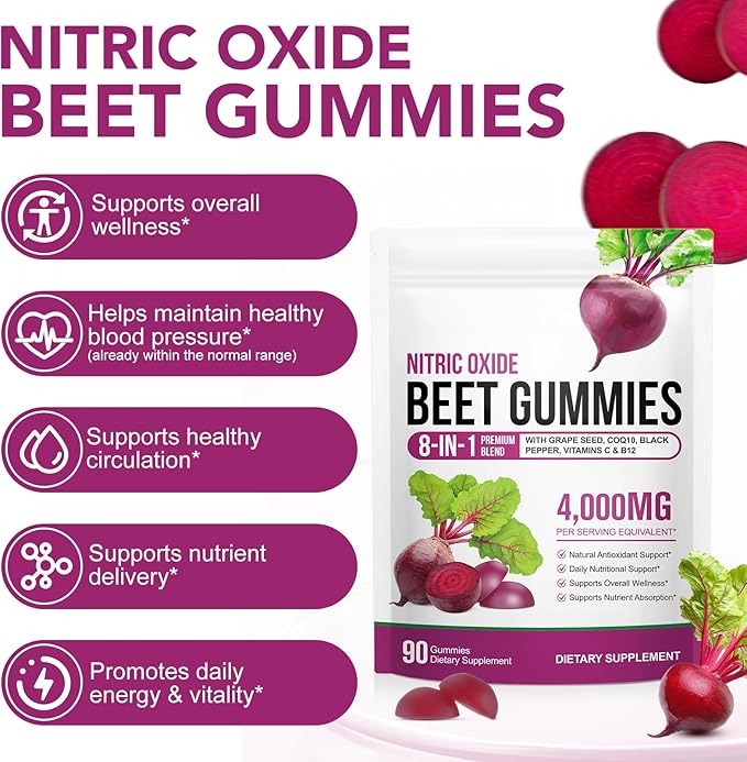 Beet Root Gummies Enriched with 200mg CoQ10 & Beet Root Extract for Blood Pressure, Heart Health Support, Energy Level Suport, Promoting Nitric Oxide, W/ Vitamin B12, C, Sugar-Free | 90 Chews