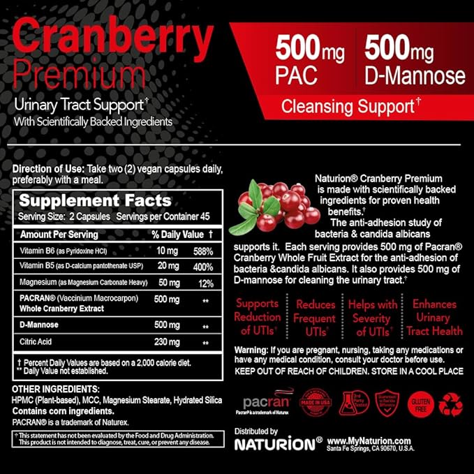 Cranberry Premium - Urinary Tract Support with PACRAN Cranberry Extract & D-Mannose, 500mg - 90 Vegan Capsules, 45 Day Supply
