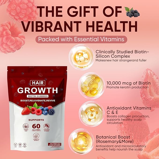 Lumin Hair Growth Gummies – with Biotin, Vitamin C & E, Rosemary, Saw Palmetto – Supports Healthy Hair Growth & Strength, Skin & Nail Care – Mixed Berry Flavor, 60 Gummies (1)