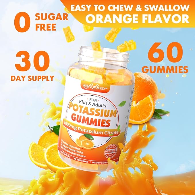 softbear Potassium Citrate 1000mg, Sugar Free Potassium Gummies for Adults Support Leg Cramps & Muscle Health High Potency Potassium Supplement Gummies Orange Flavor 60 Count