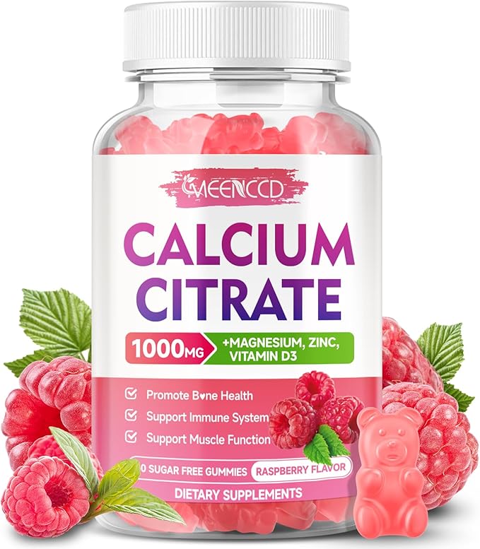 Calcium Citrate Gummies w/Vitamin D3, High Absorption Calcium Supplement for Women & Men, Plus Magnesium, Potassium, Zinc for Muscle & Immune Support, Sugar-Free, Raspberry Flavor, 60 Count