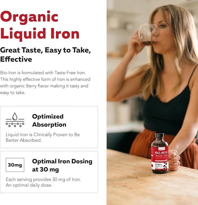 Liquid Iron Supplement | Organic Certified, Berry Flavor - Whole Food Vitamin C Absorption Boost & Blood Building B Vitamins - Methyl B12, L-Methylfolate & B6 - Supports Healthy Iron Levels - 7.6 oz