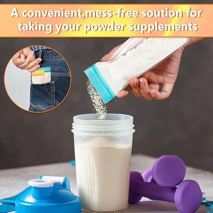 Protein Powder Travel Container Set ,Reusable Protein Powder Supplement Container To Go,14 Pcs Single Dose Bags& 2Pcs Large Zip Bags,Portable Supplement Storage Containers with Spoon , Pen and Labels