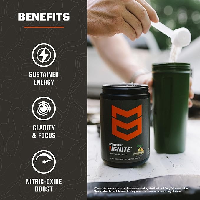 MTN OPS Ignite Sugar Free Energy Drink Powder Naturally Sweetened with Monk Fruit, 200mg Caffeine, Nootropic Blend for Energy, Focus & Endurance, L Arginine & L Citrulline, 45 Servings, Peach Lemonade