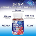 Brain Supplements for Memory & Focus Gummies - Brain Health Clarity with B6 B12 & Phosphatidylserine - Natural Nootropics Cognitive Concentration & Alertness Support Vitamins - 60 Vegan Gummies