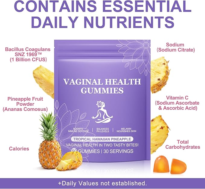Vaginal Probiotics for Women, PH Balance Gummies, Probiotics for Women Vaginigal Health, Support Healthy Odor, Yeast Balance & Flora, Vaginal Health Supplement - 60 Pineapple Gummies