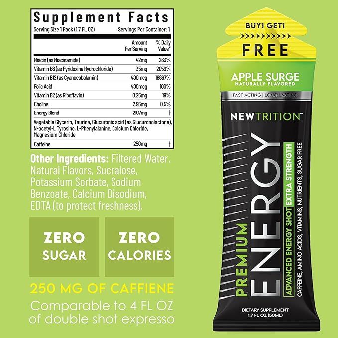 NewTrition® Extra Strength Energy Shots, 1.7 fl oz - 250mg Caffeine with Vitamin B & Amino Acids, Sugar-Free, Zero Calorie Vitamin Energy Drink for Focus & Endurance (Pack of 12, Apple Surge)