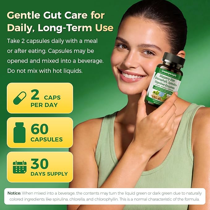 GREENPEOPLE Digestive Enzymes for Women & Men - Gentle Gut Health & Cleanse Capsule with Slippery Elm, Chlorophyll, Spirulina, Probiotics Complex - Complete Sensitive Gut Supplement 60 Ct 30 Days Use