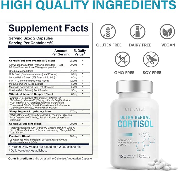 Cortisol Supplements for Women and Men, 60 Count Cortisol Reducer with Ashwagandha, Support Hormone Balance, Stress & Sleep