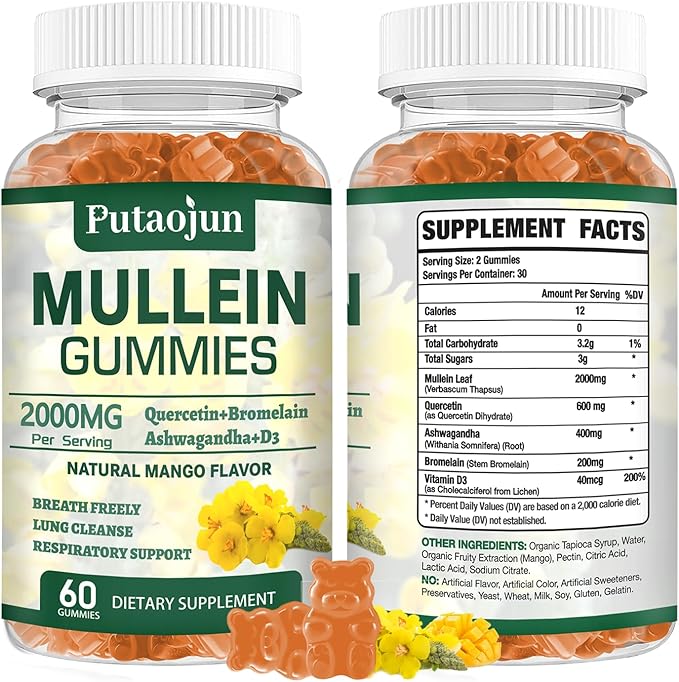 1 Pack Organic Mullein Gummies for Lungs, 2000MG Mullein Leaf Extract Supplement | Quercetin, Bromelain for Respiratory & Immune Support | Vegan, Sugr-Free, Mango Flavor | 60 Count