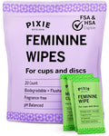 Pixie Feminine Wipes - Flushable, Biodegradable, & Ph Balanced - Individually Wrapped Packet Wipes for On The Go & Public Bathrooms - Wash & Cleaner For Your Menstrual Cups & Discs (1 Pack of 20)