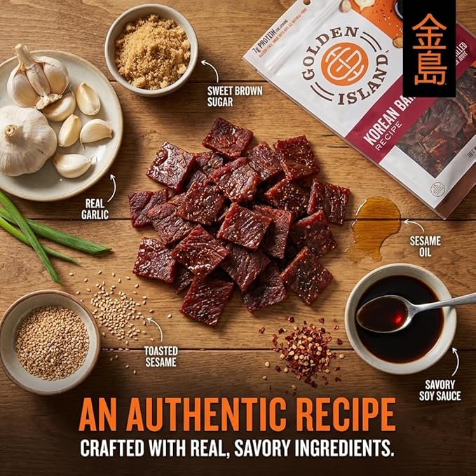 Golden Island Korean BBQ Pork Jerky - (2 Pack) 9 oz Resealable Bag - Fire-Grilled Specialty Meat Snack - Sweet & Savory Protein Snack - 7g Protein per Serving - Made with 100% All-Natural Pork