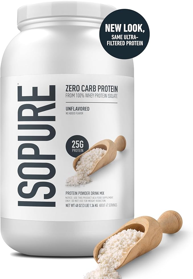 Isopure Zero Carb 100% Pure Whey Isolate Protein Powder, Gluten Free, with Vitamins, Unflavored, 25g Protein Per Serving, 3 Lbs, 47 Servings (Packaging May Vary)