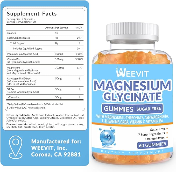 Magnesium Glycinate Gummies, Magnesium Glycinate with L-Threonate, Ashwagandha, L-Theanine, Magnesium Supplements for Women & Men