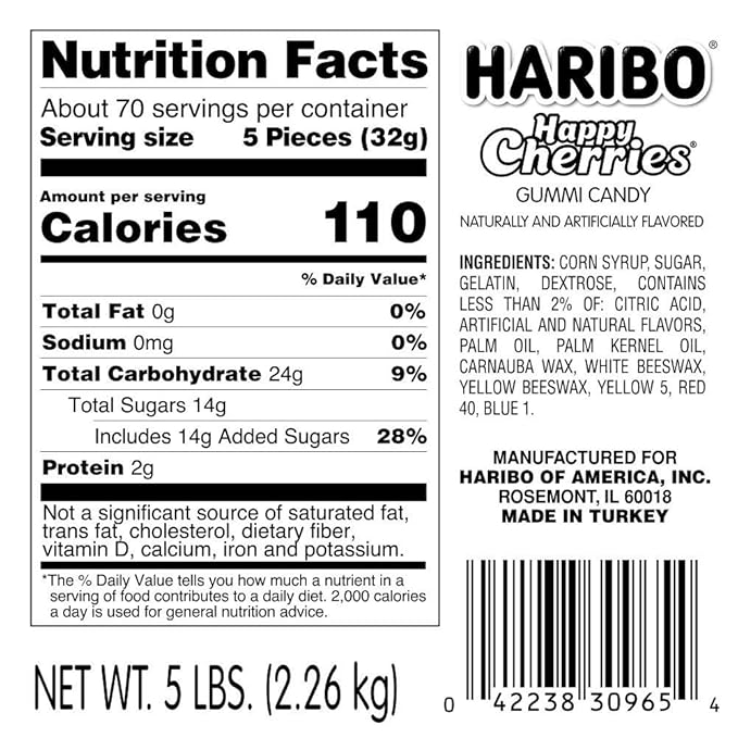 Haribo Gummi Candy, Happy Cherries, 5- Pound Bag