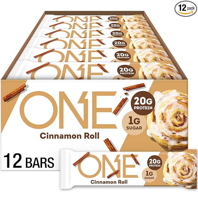 ONE Protein Bars, Cinnamon Roll, Gluten Free with 20g Protein and 1g Sugar, Pantry Staples, 2.12 oz (12 Count), Packaging May Vary