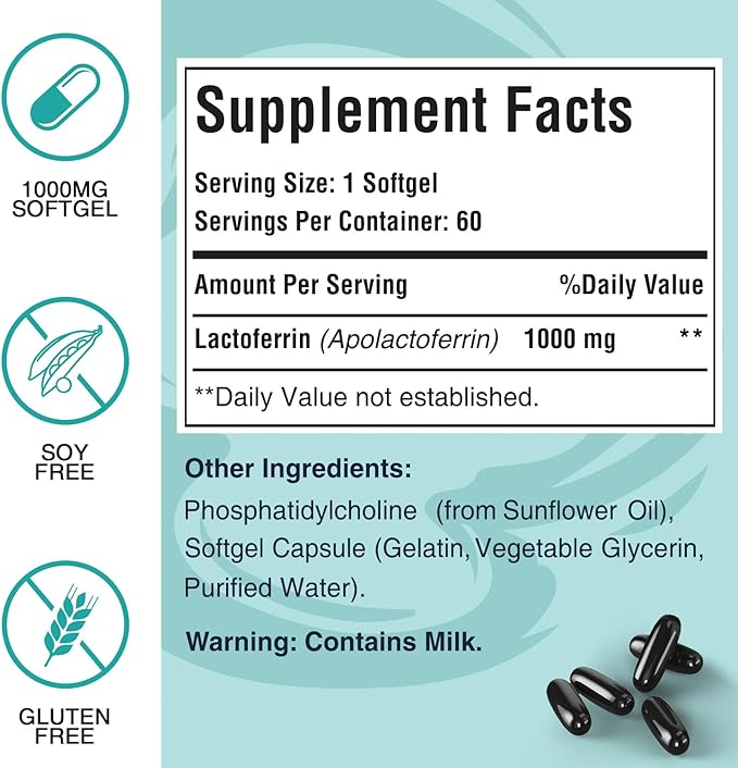 Liposomal Bovine Lactoferrin 1000 mg - for Iron Absorption & Immune Function Lactoferrin Supplements for Adults, 60 Softgels (2 Bottle)