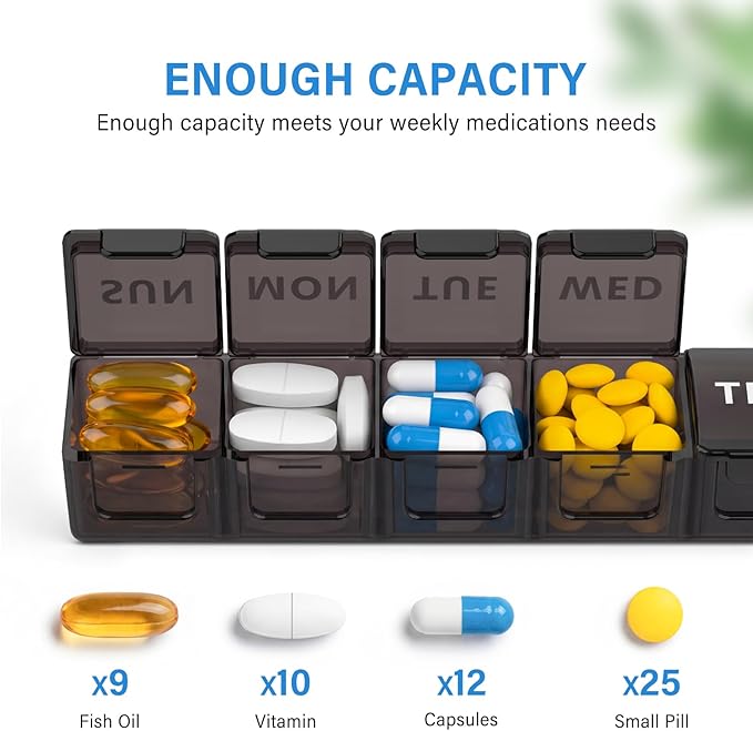 Extra Large Weekly Pill Organizer fot Travel, 7 Day Pill Organizer and Box, Large Compartments Daily Pill Case AM PM, 14 Day XL Medication Organizer Dispenser for Fish Oils, Vitamin Holder Supplement