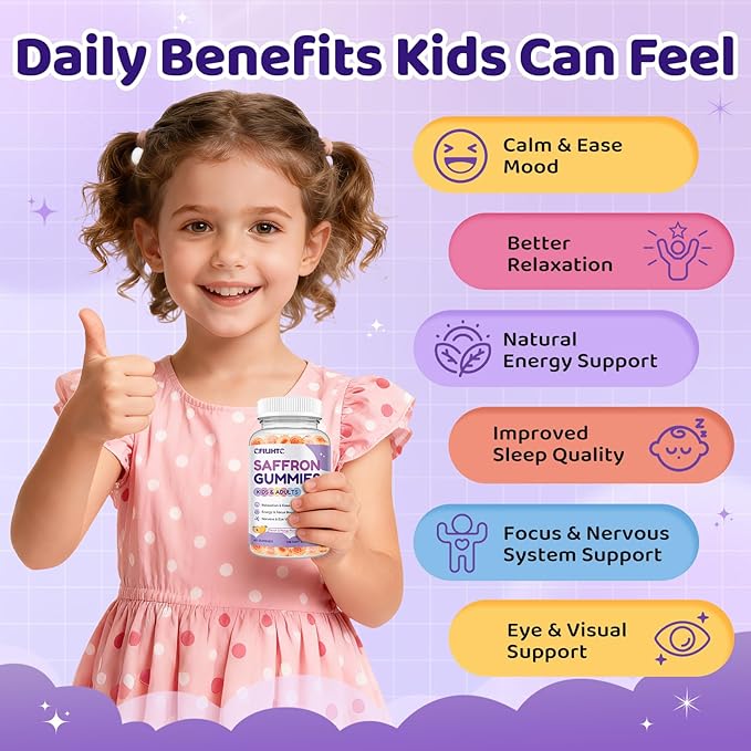 Saffron Gummies for Kids & Adults, 20-in-1 Saffron Supplements with 88.5mg Saffron Extract, B6, B12, C, D3, Magnesium for Calm, Focus, Nerve, Sugar Free, Vegan, Non-GMO Peach Mango Flavor, 120 Counts