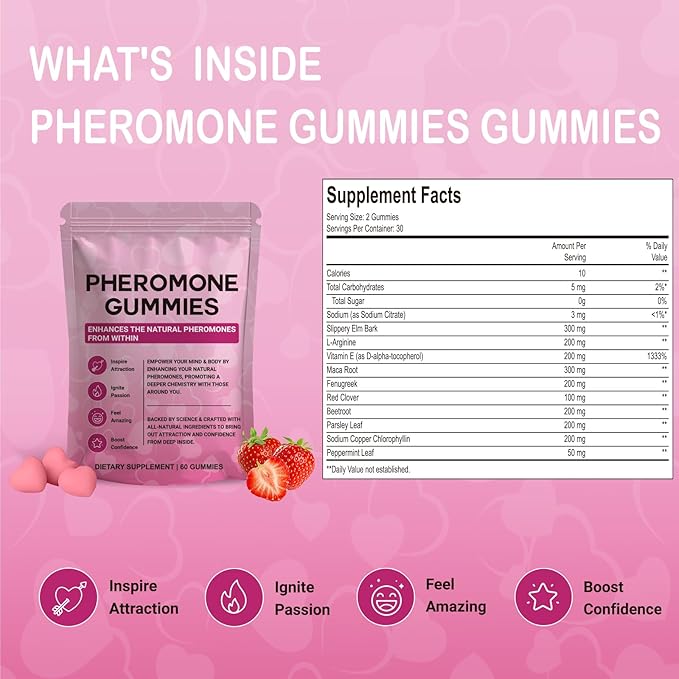 Pheromone Gummies for Women, Charisma & Confidence & Social Vibe,with Maca,Beetroot,Fenugreek,Slippery Elm,Parsley & L-Arginine, Sugar Free,Strawberry Flavor