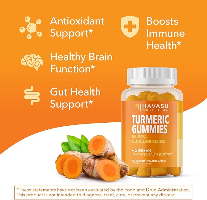Turmeric Gummies with Ginger Root Extract - Digestive Health and Immune Support Supplement for Overall Wellness - 120 Count - Vegan, Non-GMO Curcumin Vitamin - Peach Flavor, 2 Month Supply