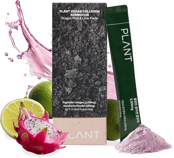PLANT Vegan Collagen Peptide, Kombucha Powder, Probioitics, Vitamin C | 2000mg Tripeptide Vegetarian Collagen Booster, Dragonfruit Lime |15 Packets, Gut & Skin Health Anti-Aging Hydration Drink Mix