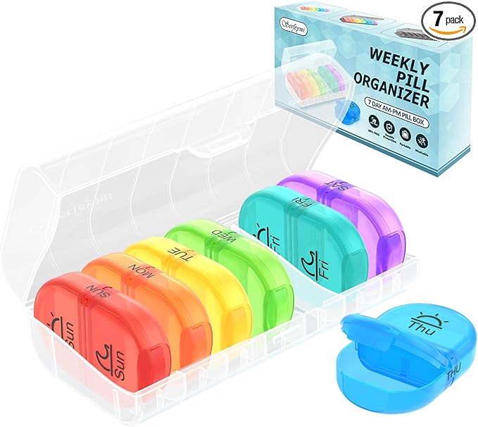 Serfeymi Weekly Pill Organizer 2 Times a Day Travel Medicine Pill Organizer AM PM Pill Box 7 Day with Protection Pill Case Daily Medication Organizer For Vitamins, Fish Oil-Clear Case+Rainbow Pill Box