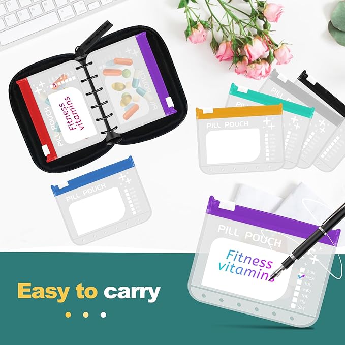 Timueetech A7 Waterproof Pill Organizer with 7 PCS L Size Zippered Pill Pouches for A7 Binder, Large BPA-Free Weekly Medicine Organizer, Color-Coded Reusable Travel Pill Storage System