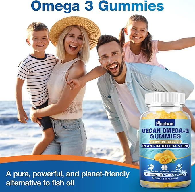 Omega-3 Gummies for Adults, Orange Flavor – Sugar-Free, Algae-Derived DHA 600mg & EPA 300mg, with Vitamins A, C, E, Zinc, 60 Gummies