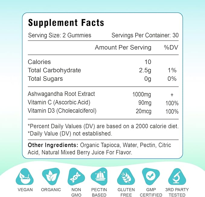 2 Pack Ashwagandha Gummies with Vitamin D for Women & Men, Sugar Free Vegan Ashwagandha Supplement Gummy & Vitamin C, 60 Count